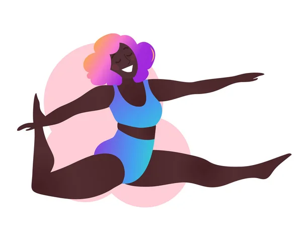 Plus maat zwarte curvy dame die yogales doet. Vector illustratie geïsoleerd op wit. Online thuis training. Lichaamspositief. Aantrekkelijke Afro-Amerikaanse vrouw. Splitsen, apenslangen of Chanoemanasana. — Stockvector