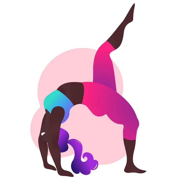 Plus size nero signora curvy facendo lezione di yoga. Illustrazione vettoriale isolata su bianco. Corpopositivo. Attraente donna afroamericana. Urdhva Dhanurasana, inchino o ruota verso l'alto. — Vettoriale Stock