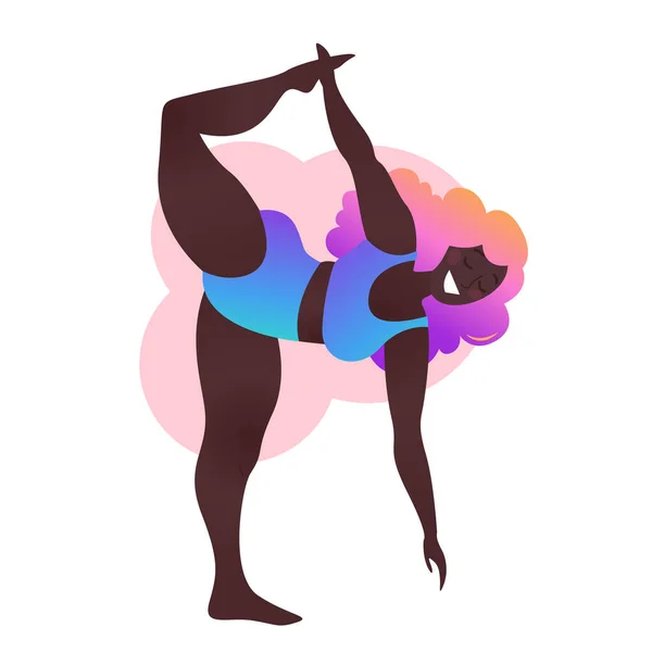 Plus czarna, zakrzywiona pani na zajęciach jogi. Ilustracja wektora odizolowana na białym. Internetowy trening domowy. Ciało pozytywne. Atrakcyjna Afroamerykanka. Natarajasana lub Lord of Dance Pose. — Wektor stockowy