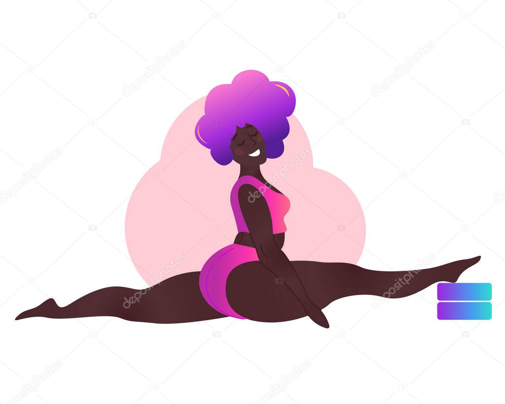 Plus size black curvy lady doing yoga class. Vector illustration isolated on white. Online home workout. Bodypositive. Attractive African American woman. Split, Monkey Pose or Hanumanasana.