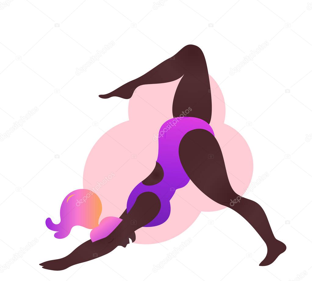 Plus size black curvy lady doing yoga class. Vector illustration isolated on white. Online workout. Bodypositive. Attractive African American girl. Downward facing dog asana or Adho mukha svanasana.