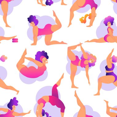 Artı yoga kursunda kıvrımlı kadın. Kusursuz desen. Vektör illüstrasyonu beyaza izole edildi. Çevrimiçi ev antrenmanı konsepti. Vücut pozitif.