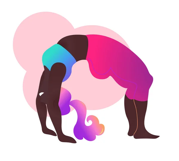 Plus maat zwarte curvy dame die yogales doet. Vector illustratie geïsoleerd op wit. Lichaamspositief. Aantrekkelijke Afro-Amerikaanse vrouw. Urdhva Dhanurasana, Bow naar boven of Wiel Pose. — Stockvector