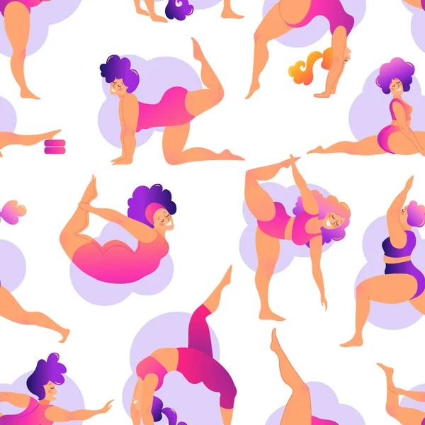 Plus de maat curvy lady die yoga les geeft. Naadloos patroon. Vector illustratie geïsoleerd op wit. Online home workout concept. Lichaamspositief. — Stockvector