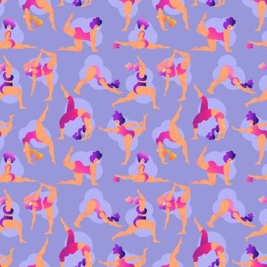 Artı yoga kursunda kıvrımlı kadın. Kusursuz desen. Vektör illüstrasyonu beyaza izole edildi. Çevrimiçi ev antrenmanı konsepti. Vücut pozitif.