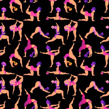 Artı yoga kursunda kıvrımlı kadın. Kusursuz desen. Vektör illüstrasyonu beyaza izole edildi. Çevrimiçi ev antrenmanı konsepti. Vücut pozitif.