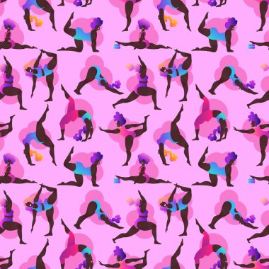 Artı siyah kıvrımlı kızlar yoga dersi alıyor. Kusursuz desen. Vektör illüstrasyonu beyaza izole edildi. Vücut pozitif. Çekici Afrikalı Amerikalı kadın.