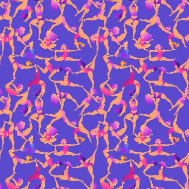 Artı yoga kursunda kıvrımlı kadın. Kusursuz desen. Vektör illüstrasyonu beyaza izole edildi. Çevrimiçi ev antrenmanı konsepti. Vücut pozitif.