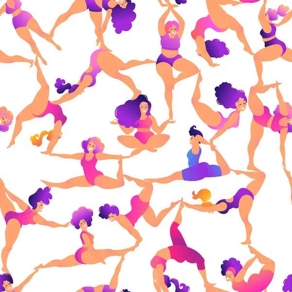 Artı yoga kursunda kıvrımlı kadın. Kusursuz desen. Vektör illüstrasyonu beyaza izole edildi. Çevrimiçi ev antrenmanı konsepti. Vücut pozitif.