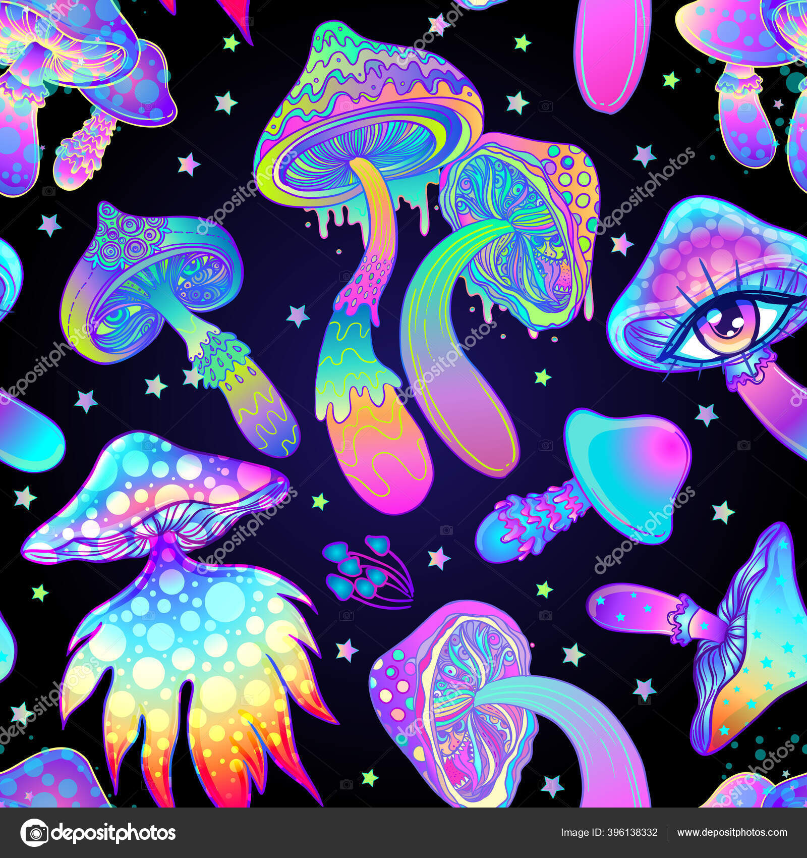 Magic mushrooms. Psychedelic hallucination. Vibrant vector illustration.  60s hippie colorful background, hippie and boho texture. Stock Vector by  ©vgorbash 396138332, image size:1600x1700