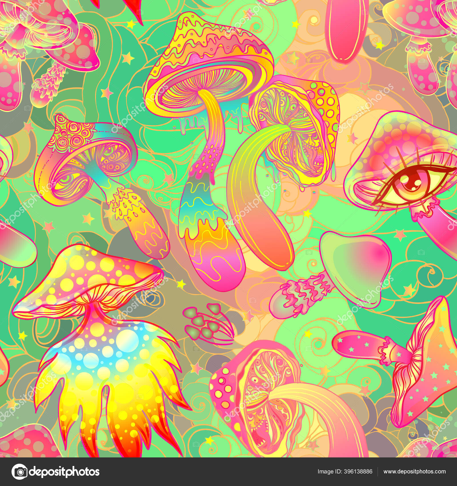 Magic mushrooms. Psychedelic hallucination. Vibrant vector illustration.  60s hippie colorful background, hippie and boho texture. Stock Vector by  ©vgorbash 396138886, image size:1600x1700