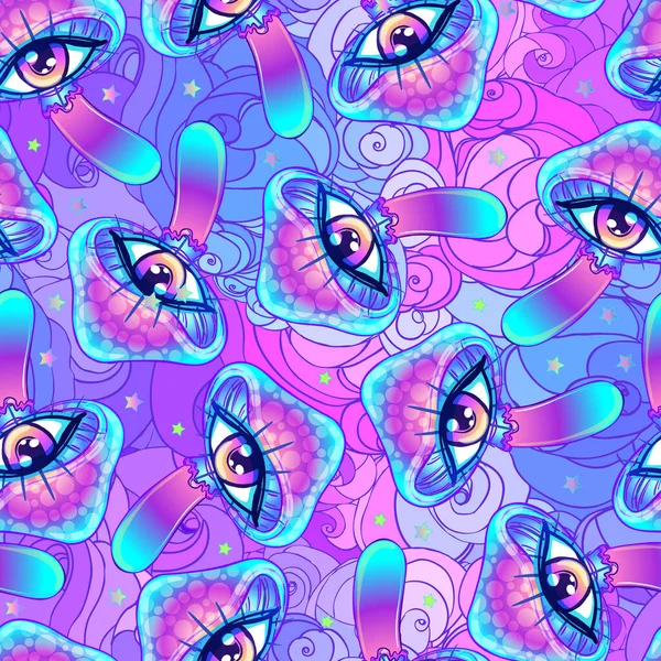 Magische paddenstoelen. Psychedelische hallucinatie. Levendige vectorillustratie. jaren 60 hippie kleurrijke achtergrond, hippie en boho textuur. — Stockvector
