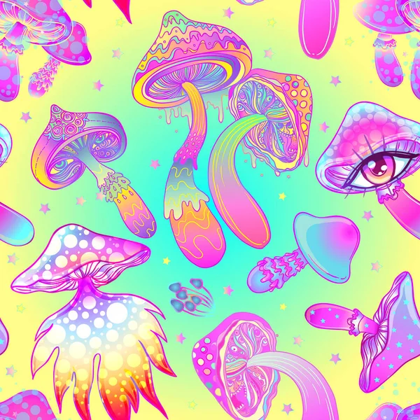 Cogumelos mágicos. Alucinação psicadélica. Ilustração vetorial vibrante. 60 hippie colorido fundo, hippie e boho textura . —  Vetores de Stock