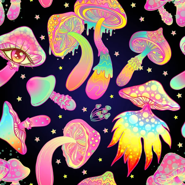 Champignons magiques. hallucination psychédélique. Illustration vectorielle vibrante. Fond coloré hippie des années 60, texture hippie et boho. — Image vectorielle