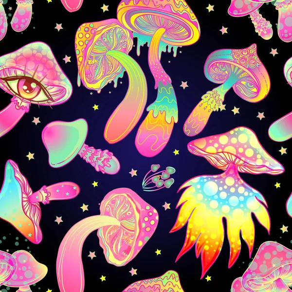 Zauberpilze. Psychedelische Halluzination. Lebendige Vektorillustration. 60er Jahre Hippie bunten Hintergrund, Hippie und Boho Textur. — Stockvektor