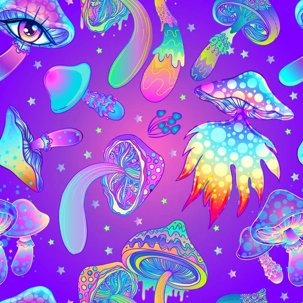 Magische paddenstoelen. Psychedelische hallucinatie. Levendige vectorillustratie. jaren 60 hippie kleurrijke achtergrond, hippie en boho textuur. — Stockvector