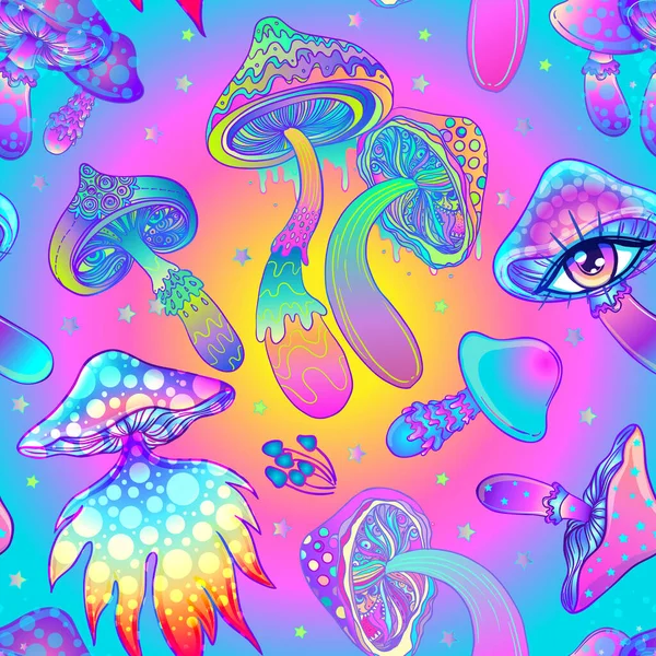 Champignons magiques. hallucination psychédélique. Illustration vectorielle vibrante. Fond coloré hippie des années 60, texture hippie et boho. — Image vectorielle