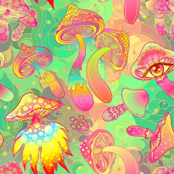 Magiska svampar. Psykedeliska hallucinationer. Vibrerande vektorillustration. 60-talets hippie färgglada bakgrund, hippie och boho konsistens. — Stock vektor