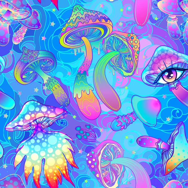 Cogumelos mágicos. Alucinação psicadélica. Ilustração vetorial vibrante. 60 hippie colorido fundo, hippie e boho textura . — Vetor de Stock