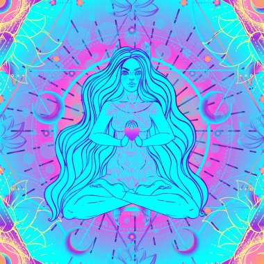 Sihirli kızın oturduğu ve geometri üzerinde nilüfer pozisyonunda meditasyon yaptığı psikedelik kusursuz bir düzen. Gösterimi tekrarlayan vektör. Psikedelik konsept. Esrarlı sanat.