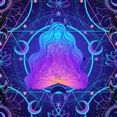 Sihirli kızın oturduğu ve geometri üzerinde nilüfer pozisyonunda meditasyon yaptığı psikedelik kusursuz bir düzen. Gösterimi tekrarlayan vektör. Psikedelik konsept. Esrarlı sanat.