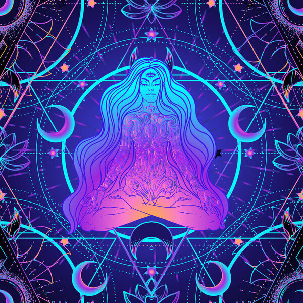 Психоделический бесшовный узор с волшебной девушкой, сидящей и посредничающей в позе лотоса над геометрией. Векторная повторяющаяся иллюстрация. Психоделическая концепция. Эзотерическое искусство.