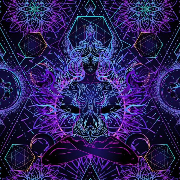 Psychedelický bezproblémový vzor s kouzelnou dívkou sedící a meditující v lotosové poloze nad geometrií. Vektorové opakující se ilustrace. Psychedelický koncept. Esoterické umění. — Stockový vektor