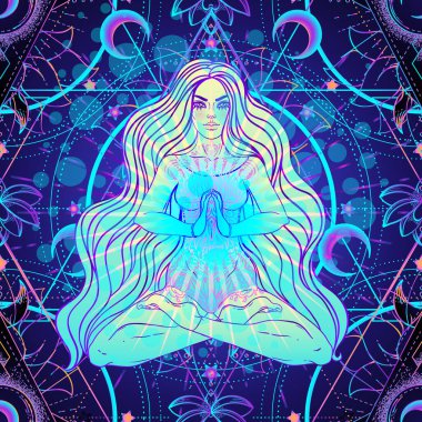 Sihirli kızın oturduğu ve geometri üzerinde nilüfer pozisyonunda meditasyon yaptığı psikedelik kusursuz bir düzen. Gösterimi tekrarlayan vektör. Psikedelik konsept. Esrarlı sanat.