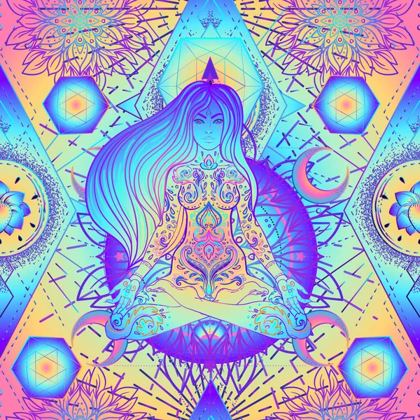 Psychedelic seamless pattern with magic girl sitting and meditation in lotus position over geometry. Vector repeating illustration. Psychedelic concept. Esoteric art. — Stock Vector