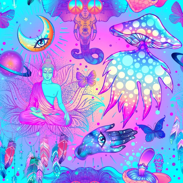 Psychedelische vector naadloos patroon: trippy champignons, vredesteken, zuur Boeddha, vlinders, all-seeing eye. Achtergrond met stoned trippy drug elementen in cartoon stripverhaal stijl. — Stockvector