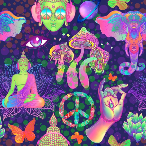 Psychedelische vector naadloos patroon: trippy champignons, vredesteken, zuur Boeddha, vlinders, all-seeing oog, mandala. Achtergrond met stoned trippy drug elementen — Stockvector