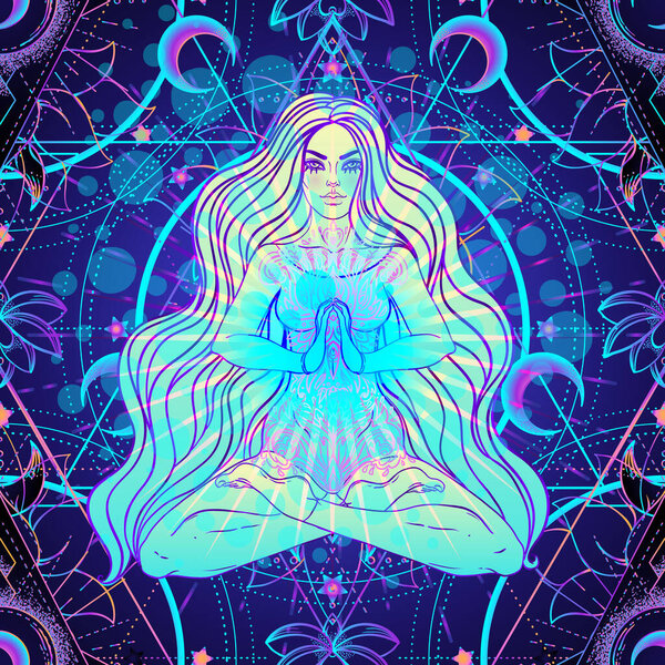 Psychedelic seamless pattern with magic girl sitting and meditation in lotus position over geometry. Vector repeating illustration. Psychedelic concept. Esoteric art.