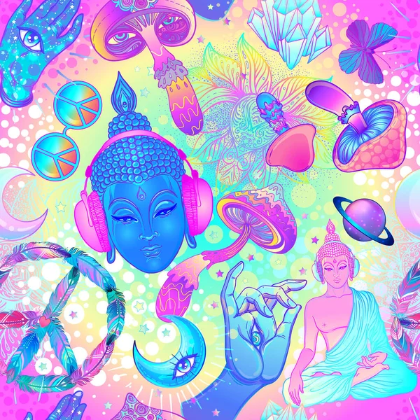 Psychedelische Vektor nahtlose Muster: trippy Pilze, Peace-Zeichen, Säure Buddha, Schmetterlinge, alles sehende Auge. Hintergrund mit bekifften Drogen-Elementen im Comic-Stil. — Stockvektor