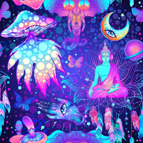 Психоделический вектор: триппи-грибы, знак мира, кислотный Будда, бабочки, всевидящий глаз. Фон с обдолбанными триппи-наркотиками в стиле комикса. — стоковый вектор