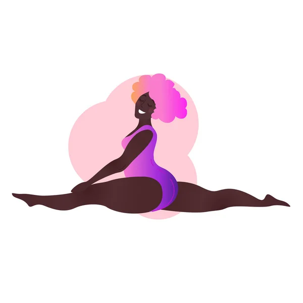 Plus size nero signora curvy facendo lezione di yoga. Illustrazione vettoriale isolata su bianco. Corpo positivo. Attraente donna afroamericana. Spalato, Scimmia Pose o Hanumanasana. — Vettoriale Stock