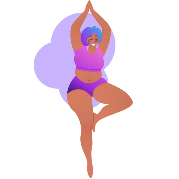 Plus černá zakřivená dáma na hodině jógy. Vektorová ilustrace izolovaná na bílém. Tělo pozitivní. Atraktivní Atraktivní Afroameričanka. Tree Pose, Vrksansana. — Stockový vektor