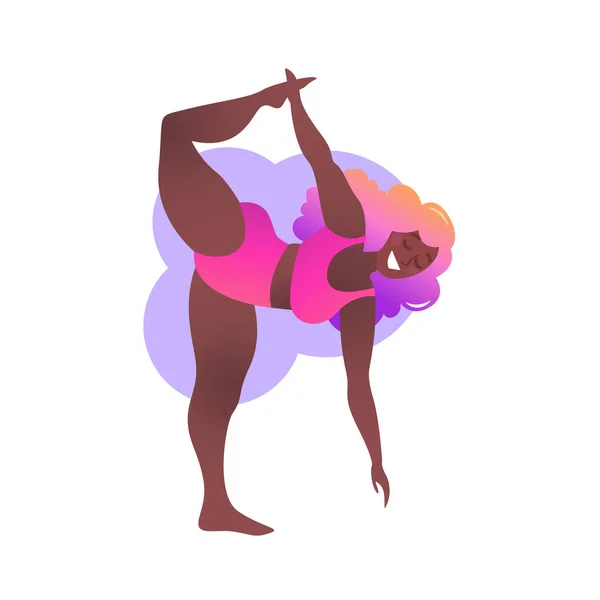 Plus taille dame courbée noire faisant des cours de yoga. Illustration vectorielle isolée sur blanc. Concept d'entraînement à domicile en ligne. Belle femme afro-américaine. Natarajasana ou Pose du Seigneur de la Danse. — Image vectorielle