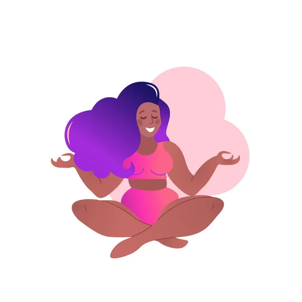 Plus size black curvy lady doing yoga class. Vector illustration isolated on white. Sukhasana or easy pose, simple cross-legged sitting asana. Attractive African American woman. — Stock Vector
