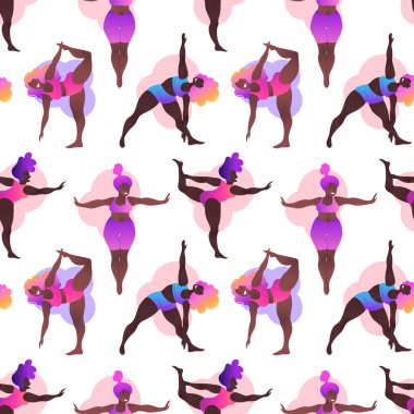 Artı siyah kıvrımlı kızlar yoga dersi alıyor. Kusursuz desen. Vektör çizimi. Vücut pozitif. Çekici Afrikalı Amerikalı kadın.