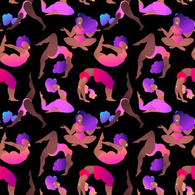 Artı siyah kıvrımlı kızlar yoga dersi alıyor. Kusursuz desen. Vektör çizimi. Vücut pozitif. Çekici Afrikalı Amerikalı kadın.