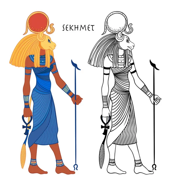 이집트 신화에서 태양의 여신 Sekhmet, 불의 재앙, 치유와 전쟁. 반사체는 따로 있습니다. 사자의 머리 와태 양 원반을 가진 여자. — 스톡 벡터