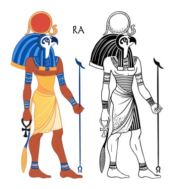 Ra 'nın portresi, Mısır' ın güneş tanrısı. Antik Mısır 'daki en önemli tanrı. Amun-Ra ve Ra-Horakhty olarak da bilinir. Vektör izole illüstrasyon. Şahin kafası ve güneş diski olan bir adam.