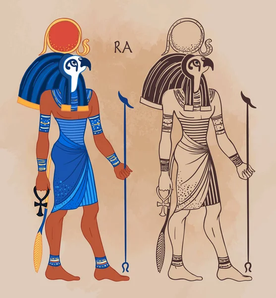 Retrato de Ra, dios egipcio del sol. El dios más importante del Antiguo Egipto. También conocido como Amun-Ra y Ra-Horakhty. Ilustración vectorial aislada. Hombre con la cabeza de un halcón y el disco solar — Vector de stock