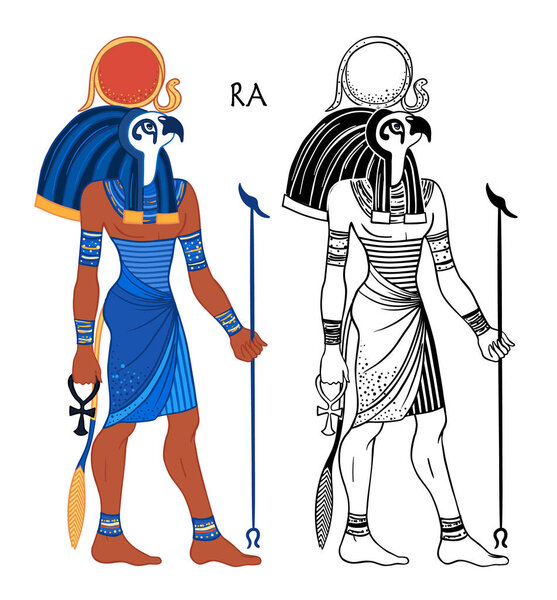 Portrait of Ra, Egyptian god of sun. Most important god in Ancient Egypt. Also known as Amun-Ra and Ra-Horakhty. Vector isolated illustration. Man with the head of a Hawk and the sun disk