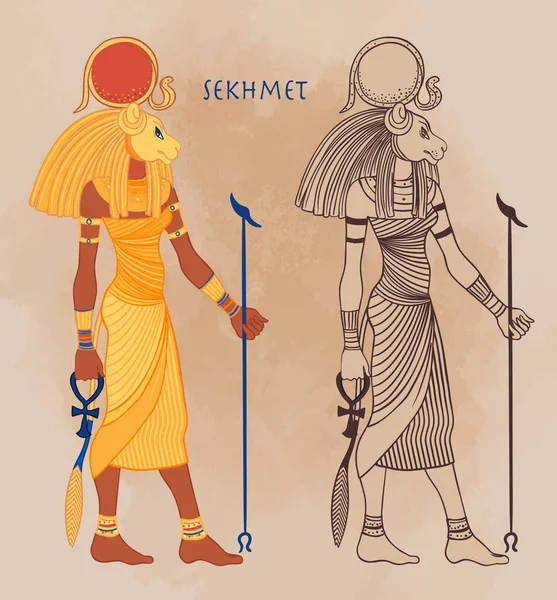 이집트 신화에서 태양의 여신 Sekhmet, 불의 재앙, 치유와 전쟁. 반사체는 따로 있습니다. 사자의 머리 와태 양 원반을 가진 여자. — 스톡 벡터