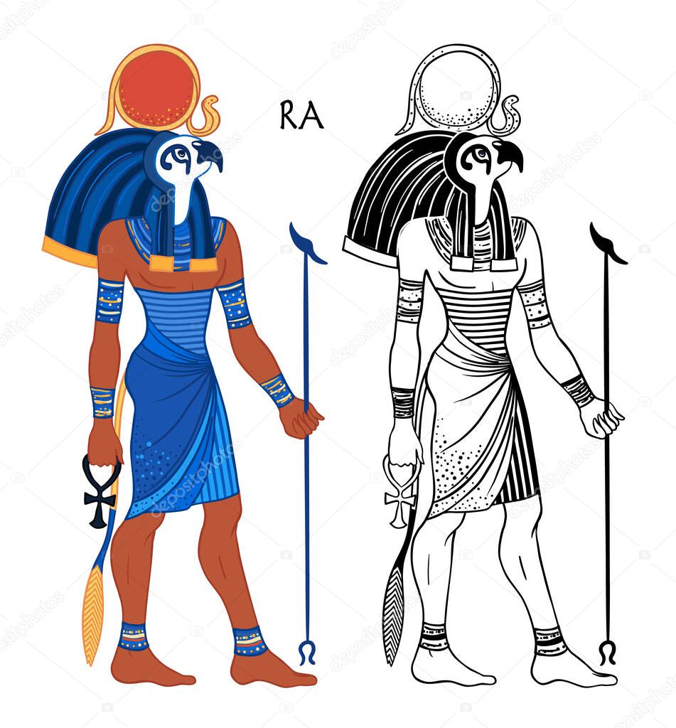 Portrait of Ra, Egyptian god of sun. Most important god in Ancient Egypt. Also known as Amun-Ra and Ra-Horakhty. Vector isolated illustration. Man with the head of a Hawk and the sun disk