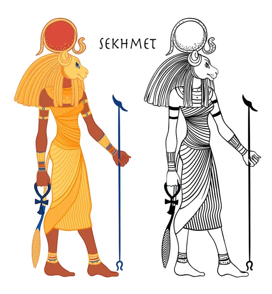 Sekhmet, de godin van de zon, vuurplagen, genezing en oorlog In de Egyptische mythologie. Vector isoleerde illustratie. Een vrouw met het hoofd van een leeuw en de zonneschijf. — Stockvector