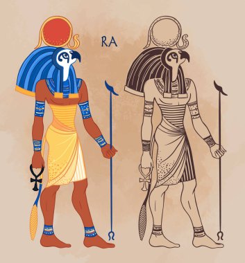 Ra 'nın portresi, Mısır' ın güneş tanrısı. Antik Mısır 'daki en önemli tanrı. Amun-Ra ve Ra-Horakhty olarak da bilinir. Vektör izole illüstrasyon. Şahin kafası ve güneş diski olan bir adam.
