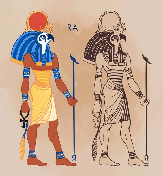 Porträt von Ra, dem ägyptischen Sonnengott. Wichtigster Gott im alten Ägypten. Auch bekannt als Amun-Ra und Ra-Horakhty. Vektorisolierte Illustration. Mann mit dem Kopf eines Falken und der Sonnenscheibe — Stockvektor