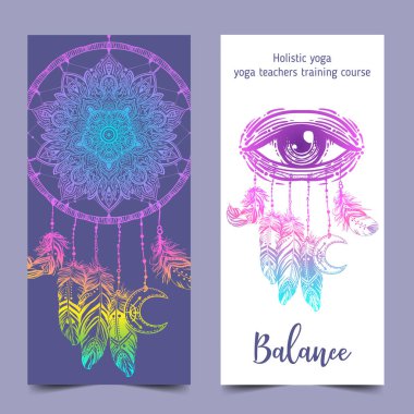 Yoga kartı tasarımı. Ruhani inziva ya da yoga stüdyosu için renkli bir şablon. Süslü kartvizitler, oryantal desenler. Vektör illüstrasyonu